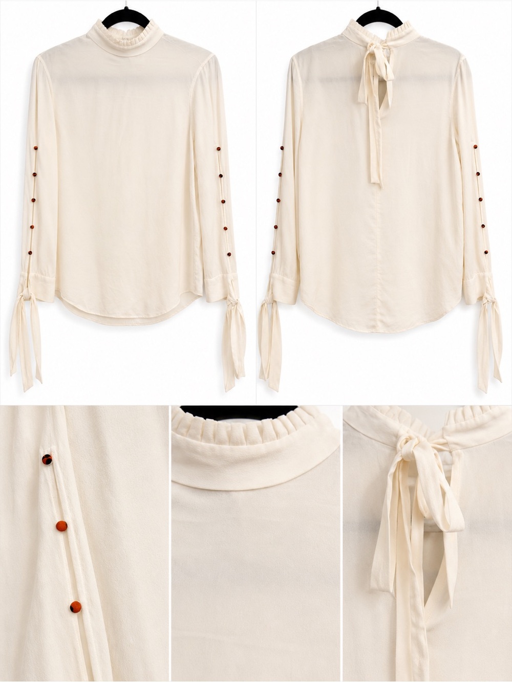 Equipment Ivory Silk Mock Neck Pleated Tie Sleeve Blouse | Button Detail | S